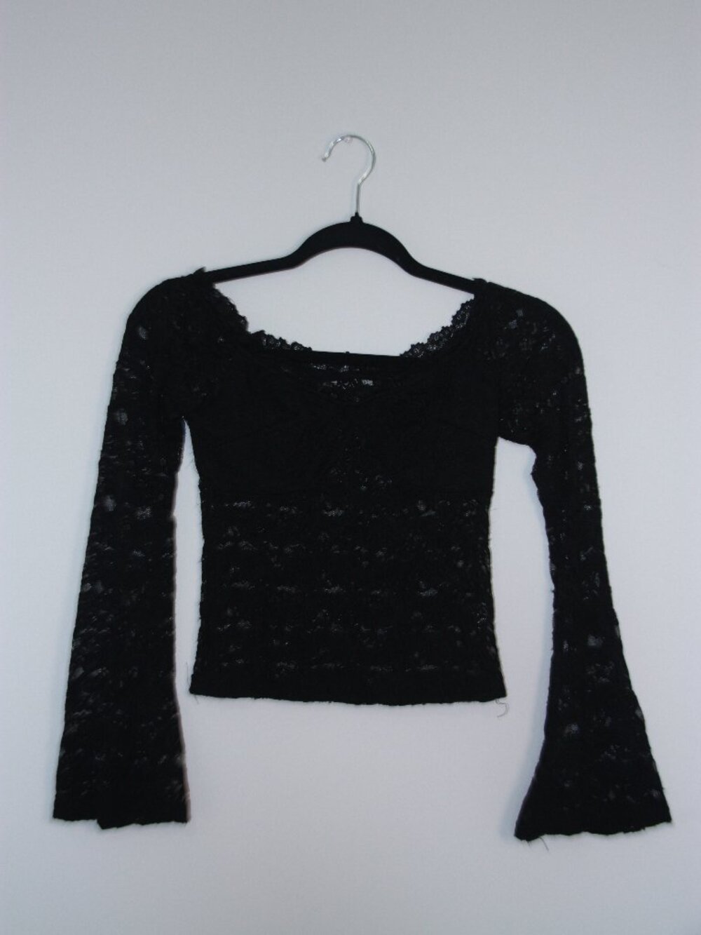 Black Lace Coquette Top Seer Fabric V Bell Sleeves Wide U Neck